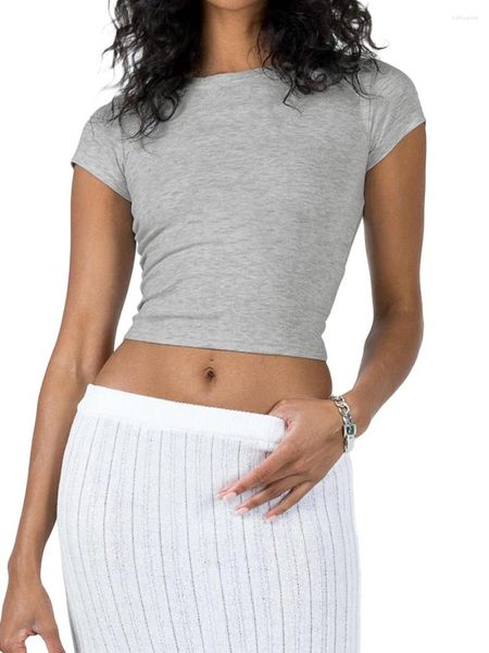 Женские футболки, женские укороченные топы с короткими рукавами Y2K, повседневные однотонные облегающие сексуальные футболки с круглым вырезом, базовая летняя футболка для выхода в свет