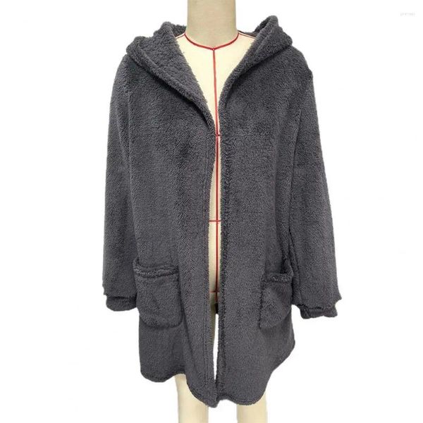 Jaquetas femininas casuais com capuz cardigan de comprimento médio casaco de pelúcia outerwear para outono inverno solto ajuste trincheira com cordeiro