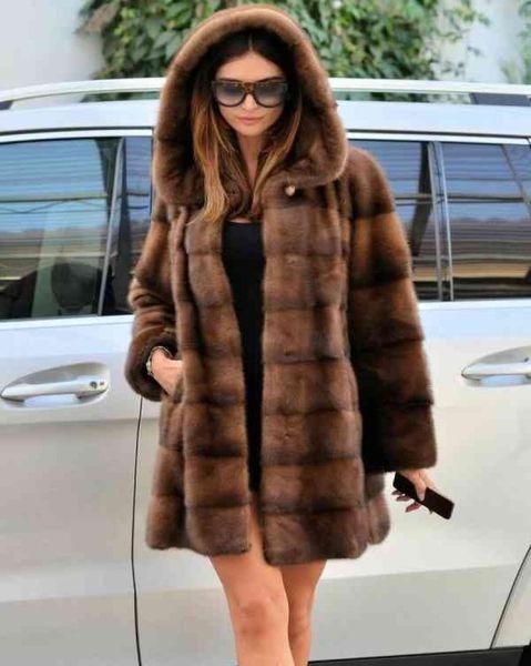 Cappotto in vera pelliccia di visone con cappuccio in pelle naturale lungo spesso caldo inverno donna abbigliamento esterno genuino 2112076745295