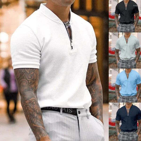 Polos masculinos moda manga curta t-shirts sexy verão zip com decote em v camisa polo masculino tshirt casual collants topos sólido tees streetwear