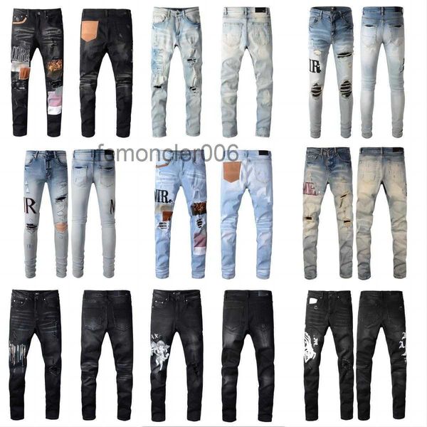 Herren Damen Designer-Jeans in Lila, große Denim-Hosen, perforiert, Hip-Hop-Reißverschluss, Amris-Buchstaben-Patch, schmale Passform, elastisch, kleiner Fuß IBB1