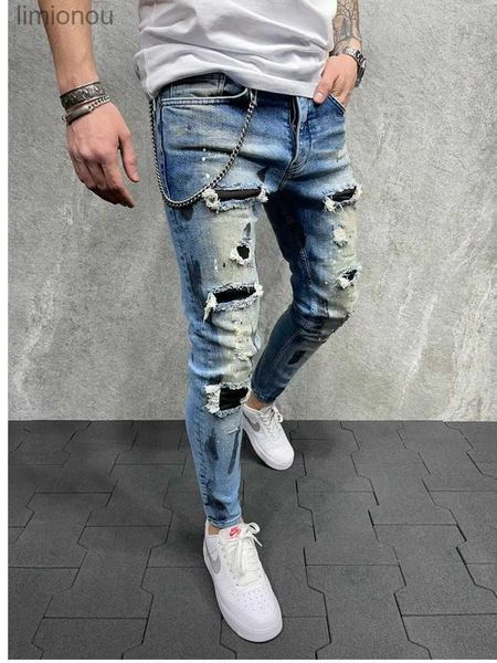 Herrenjeans Blaue Röhrenjeans für Männer Painted Stretch Slim Fit Ripped Distressed Plissee Knee Patch Denim Pants Marke Freizeithose MaleL240120