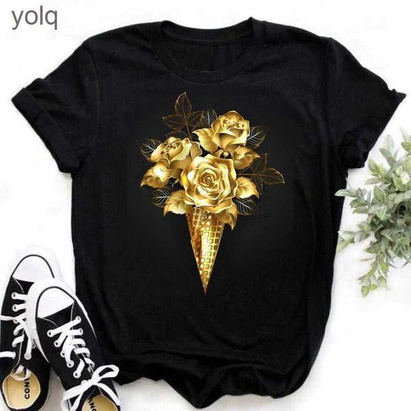 T-shirt da uomo Maycaur New Fashion Gold Rose Stampa T-shirt da donna Harajuku Maniche corte Magliette Casual O-Collo Top Tee T-shirt nerayolq