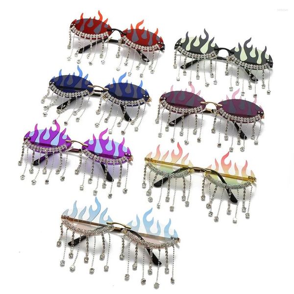 Sonnenbrille Diamanten Feuer Flamme Frauen Strass Randlose Brillen Weibliche Welle Shades Glänzende Sonnenbrille Männer UV400