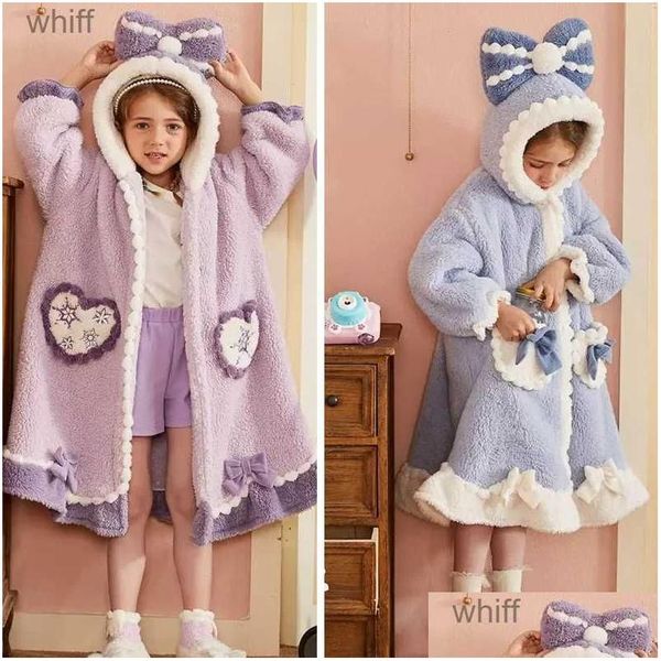 Handtücher Roben Kinder Mit Kapuze Robe Für Mädchen Winter 2023 Neue Prinzessin Kind Mädchen Dicke Warm Halten Lange Nachthemd Korallen Fleece weiche Bademantel Dhca5