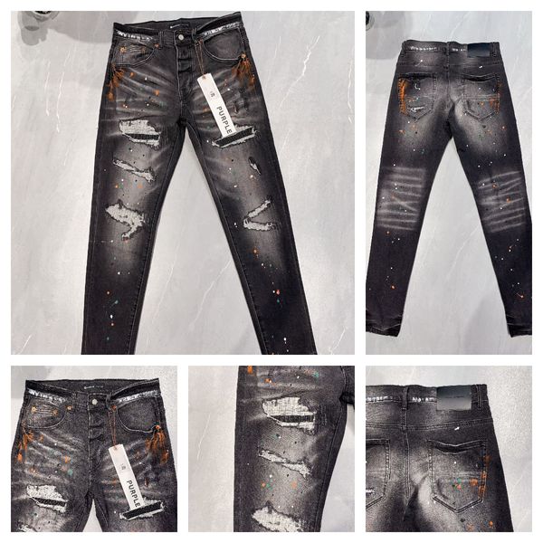 Lila Jeans für Herren, Designer machen alt, zerrissen, gerader Knopf, modisch, cooler Stil, Denim-Hose, Herrenhose, High Street, Loch, Stern-Patch, Stickerei