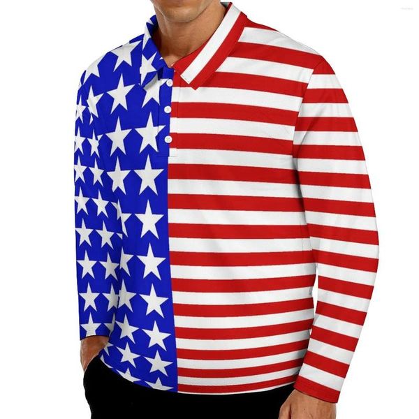 Herren Polos USA Amerikanische Flagge Lässige T-Shirts Männliche Sterne und Streifen Langarm Poloshirt Kragen Stilvolles Herbstdesign Plus Größe 5XL