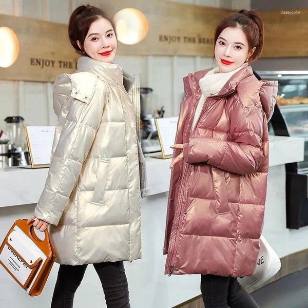 Casacos de trincheira femininos para baixo jaqueta de algodão com capuz grosso quente casaco de inverno preto brilhante longo estilo acolchoado parka feminino outerwear roupas 2024