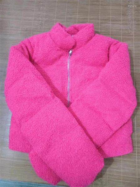 Casacos de Trench das Mulheres Casaco de Algodão Mulheres Rosa Vermelho Curto Slim Pequenas Meninas Puff Jaqueta 2024 Outono Inverno Moda Manga Longa Stand Collar Peludo