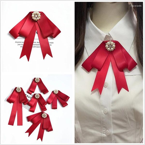 Fliegen Rotes Band Strass Perle Krawatte Brosche Koreanische frauen Anzug Hemd Pullover Kragen Blume Handgemachte Schmuck Pins Geschenke für Frauen