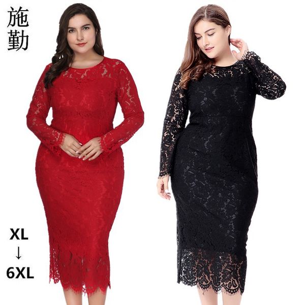 Neuankömmling Damen-Kleid in Übergröße, langärmelig, Spitze, schmal sitzende Röcke, XL-6XL