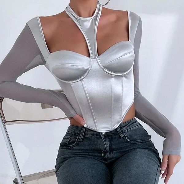 Delle donne T Camicette Maglia Patchwork Halter Manica Lunga Crop Top Per Le Donne Y2k Streetwear 2024 Autunno Soild Colore Sexy Vedere Attraverso Il Corsetto Piccante