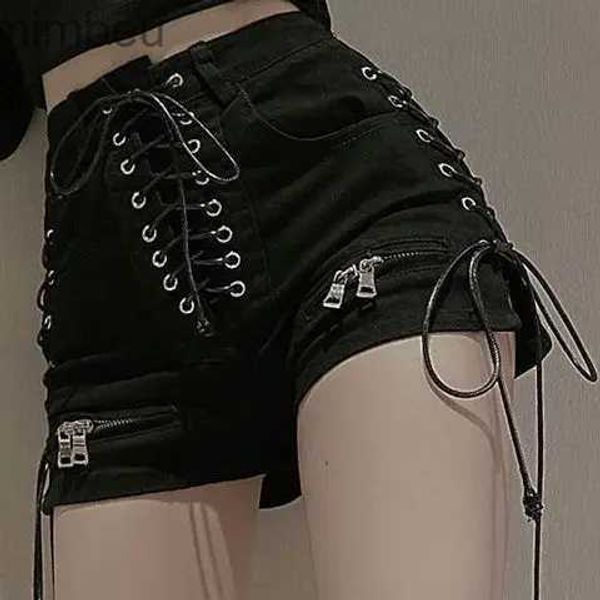 Damen-Shorts, neue Bandage, sexy Denim-Shorts, Damen, Streetwear, Gothic-Jeans, Mini-Hohe Taille, Schnürung, lässig, Reißverschluss, Schwarz, Goth, Club-Mode, L240119