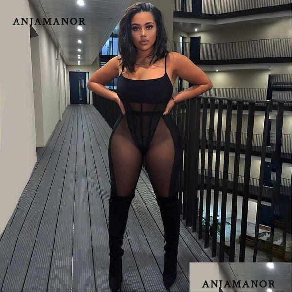 Mulheres Tracksuits Anjamanor Y Malha Trabalho 2 Peça Conjuntos Bodysuit Leggings Ver através de Black Club Outfits para Mulheres Itens Atacado D85- Dhgqe