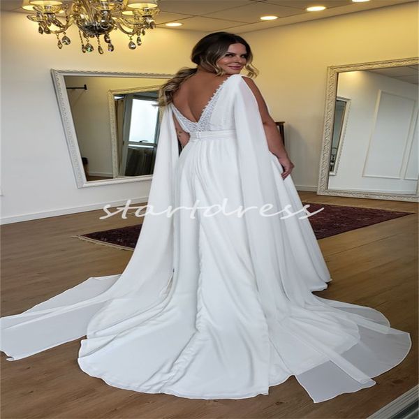 Abito da sposa Boho Plus Size 2024 con cappuccio Gatsby Scollo a V profondo Abito da sposa in chiffon da spiaggia Sweep Train Abiti da sposa da giardino di campagna Abito da sposa in pizzo Abiti da sposa