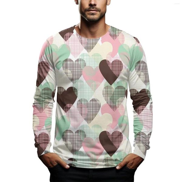 Erkek Tişörtleri Sevgililer Günü Giyim Aşk Deseni Baskılı Yuvarlak Boyun Uzun Kollu Külkü İlkbahar ve Sonbahar T-Shirt
