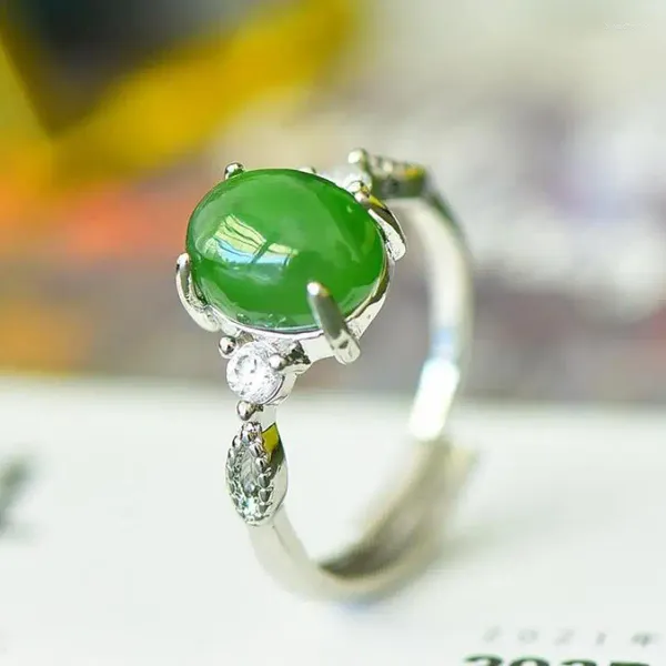 Anéis de cluster Pedra Natural Verde Jade Anel Ajustável Mulheres Fine Jewelry Acessórios Genuíno Hetian Jades Nefrite Prata Oval Zircon