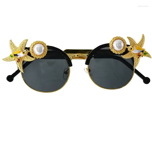 Óculos de sol artesanal barroco retro strass cinco estrelas para mulheres marca feminina óculos de sol pérola feminino