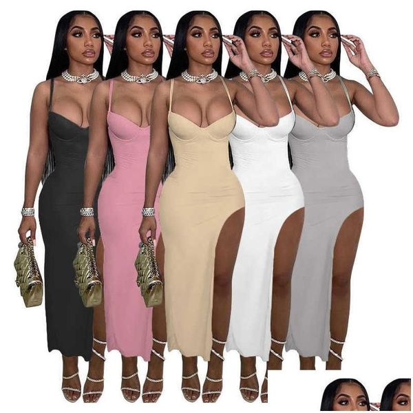 Temel Sıradan Elbiseler 2023 Yeni Kadınlar Günlük Elbiseler Moda Maxi Elbise Düz Renk Strappy Y Halter Kolsuz Yarık Bayanlar Uzun Drop Dho6W