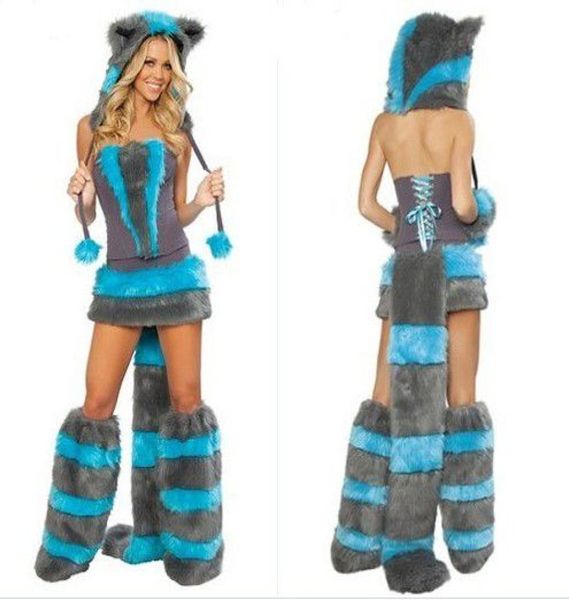 Sexy pelziges Fasching Wolf Katze Mädchen Halloween Kostüm Cosplay Fancy Party Dress Up Hut Bein Set Coatee Rock Komplettset Xmas7658054