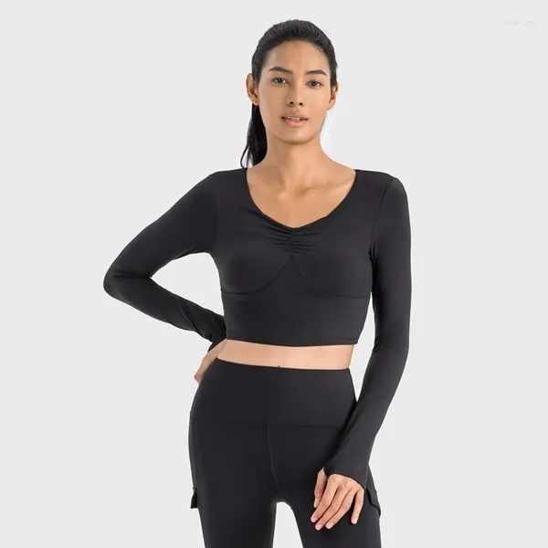 Aktive Shirts für Damen, superelastisch, eng, Yoga, hautfreundlich, Fitness, Training, Sport, Tops, sexy, plissierte, langärmelige T-Shirts mit V-Ausschnitt