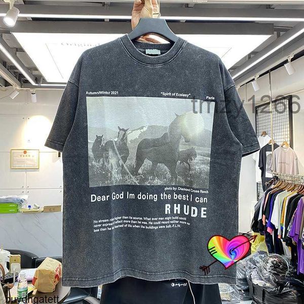 Rhude cavalo camiseta masculina feminina de alta qualidade vintage fazer velho lavado oversize manga curta xuqe l09x adbf