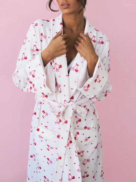 Mulheres sleepwear mulheres roupões de lã longo y2k na moda floral fruta cereja impressão macio loungewear inverno roupão com bolsos