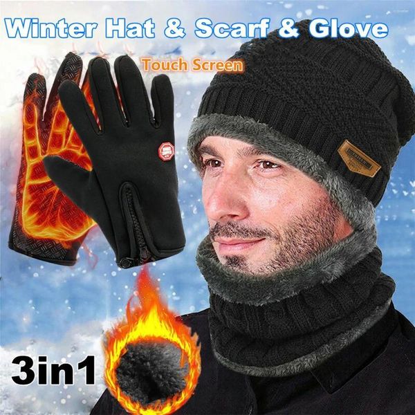 Berets 3 Stück Winter-Strickmütze, Nackenwärmer, Handschuhe, mit Fleece gefüttert, Totenkopfmütze, Infinity-Schals, Touchscreen-Fäustlinge für Männer und Frauen