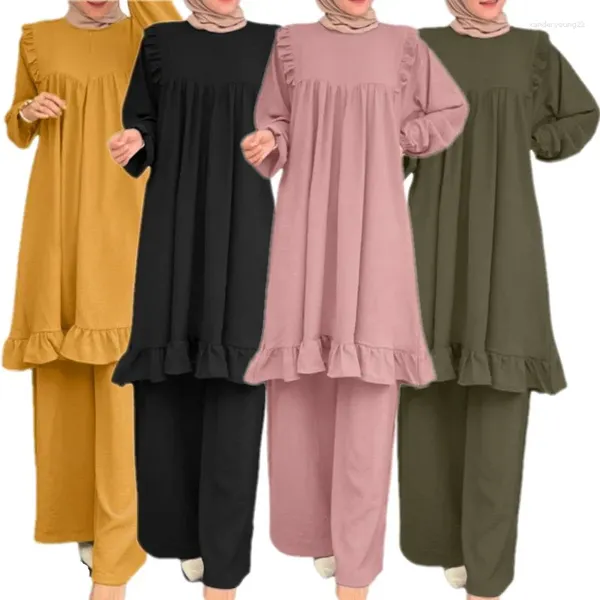 Ethnische Kleidung Arabisch Solide Langarm Tops Hosen Islamische Casual Outfits Mode Dubai Türkei Kleidung Kaftan Muslim Abaya Hosen Anzüge 2