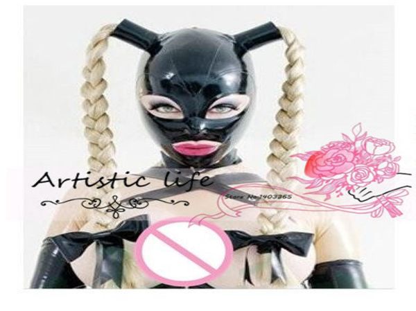 Yeni seksi seks ürünleri kadın kadın kız lateks peruk maske örgüler kadın pigtail davlumbazları fetiş cekc üniforma başlık zentai1518645