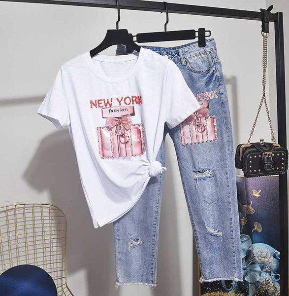 Sommer Frauen Set Diamant Baumwolle T-shirt Femme Löcher Denim Hosen Zwei Stück Set Weibliche Outfits Lose T-shirt Jeans Hosen 2pc3741317