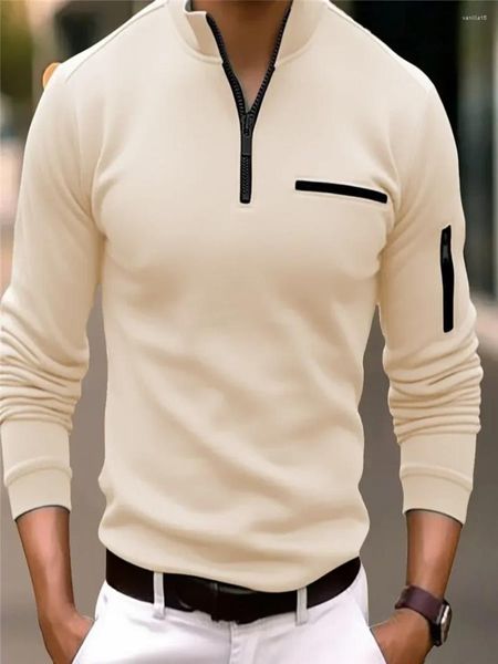 Polo da uomo 2024 Primavera Autunno Polo Camisas Casual Camicie da uomo Solid Arm Zipper Manica lunga da uomo Sport Bianco Nero