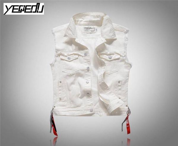 3409 2018 Punk Slim Fashion Weiße Denimwesten Männer Ärmellose Jeansjacke Männer Streetwear Gilet homme Biker Jeansweste M3XL6523402