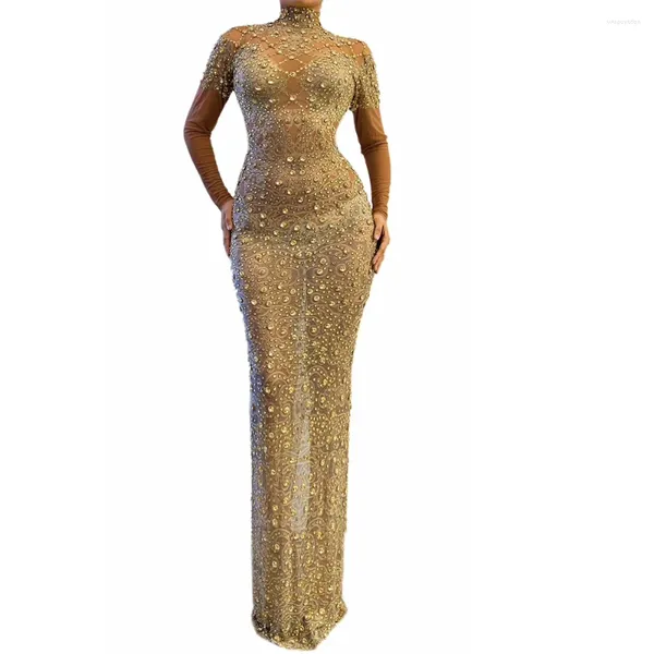 Bühnenkleidung Gold Pailletten Strass bodenlanges Kleid Mesh Gaze Split Fork Kleider Perspektive rückenfrei Tanzparty Abendkostüm