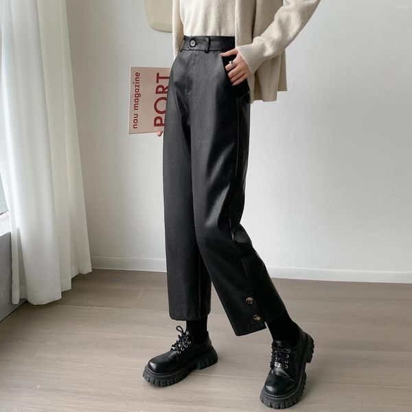 Damenhose aus schwarzem PU-Leder, offizieller Store, Nine-Point-Boot, hoch taillierter Anzug, lässig