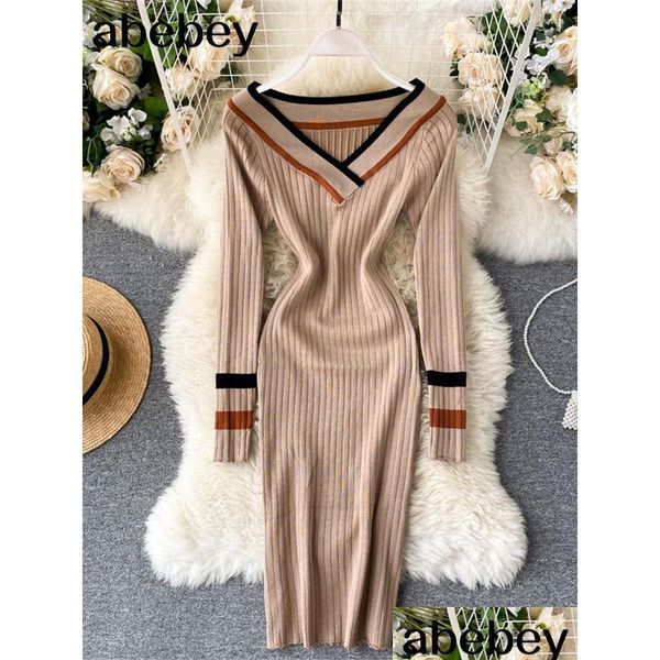 Vestidos casuais básicos vestidos casuais primavera colorblock elegante lápis vestido mulheres simples elástico de malha bainha bodycon slash neck o dhye6