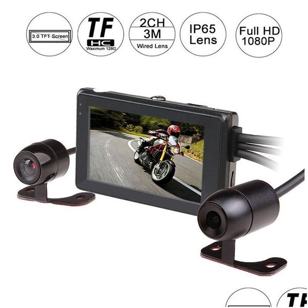 Accessori per veicoli Telecamera per motocicletta Tft da 3,0 pollici Registratore a doppia lente Fl Hd 1080P Dvr Videocamere per motore impermeabili Consegna a goccia Dhhyt