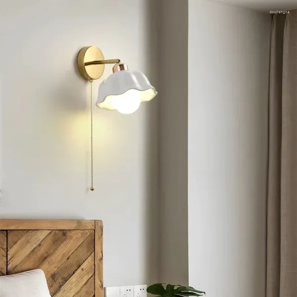 Lâmpada de parede nórdica luz luxo quente creme vento cabeceira quarto simples moderno com interruptor cabo homestaystairs