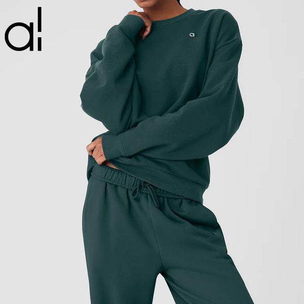 AL Yoga Midnight Green CREW NECK PULLOVER Moletons quentes com logotipo 3D prateado no peito Moletom solto unissex casual SweatTops Amante Jaqueta esportiva