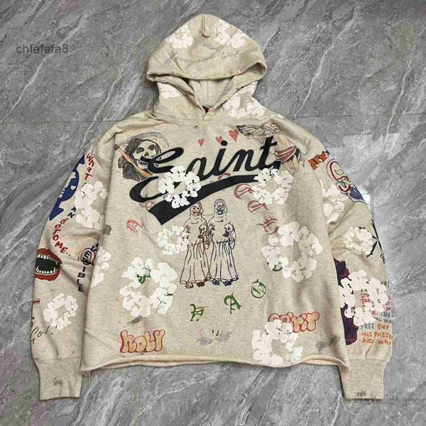 Falection Mens 22ss Saint Michael Flower Baskılı Sıkıntılı Hoodie Delikleri Sweatshirt Erkekler Top Pullover V3KK E42E