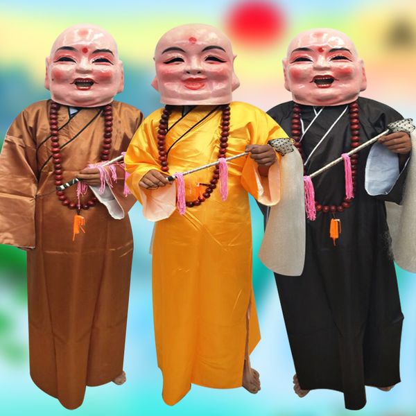 Buda sahne gülümseyen yüz arhat ejderha dansı aslan Çin sosyal yangın performans kıyafeti Maitreya büyük kafa bebek + kostüm + boncuklar