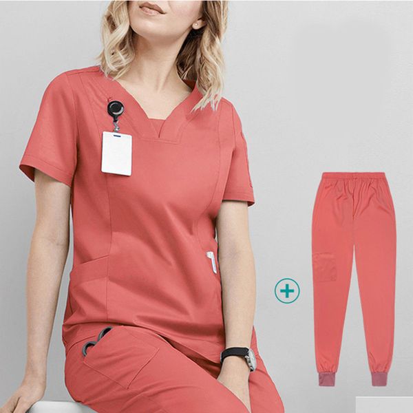 Pantaloni a due pezzi da donna Tuta chirurgica Uniforme medica Pantaloni a due pezzi Scrub Abbigliamento da lavoro ospedaliero Infermiera sanitaria Sala operatoria dentale Dheun