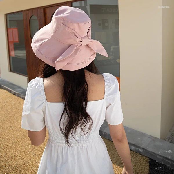 Berretti Cappello da pescatore estivo da donna Cappello da pescatore a tesa larga con fiocco grande per cappelli da protezione solare Panama da spiaggia per donna