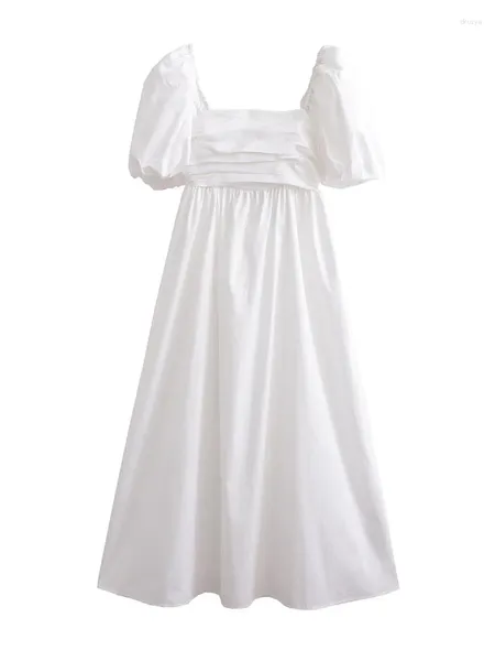 Vestidos de festa feminino 2024 moda branco drapeado popeline midi vestido vintage puff manga volta zíper feminino vestidos streetwear