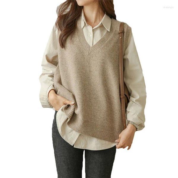 Frauen Westen 2024 Mode Langarm Pullover Weste Kleidung Gestrickte Weste Lose Frühling Herbst V-ausschnitt Pullover Pullover 227A