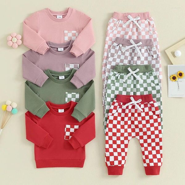 Conjuntos de roupas primavera outono criança bebê meninos casual terno crianças roupas xadrez impressão moletom calças infantis meninas outfit 2pcs