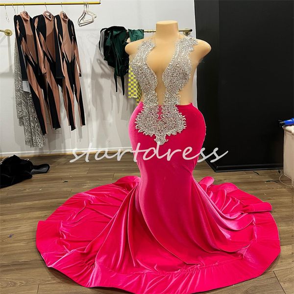 Lindo vestido de baile de diamante rosa quente para meninas negras com strass cristal ilusão sereia vestido de noite 2024 trem de varredura plus size vestidos de festa de ocasião formal