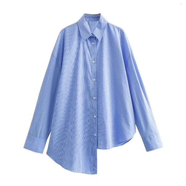 Damenblusen, Oversize-Streifen-Hemden für Damen, 2024, modische blaue Bluse für Damen, elegantes Hemd mit asymmetrischem Saum, Damen-Frontknopf