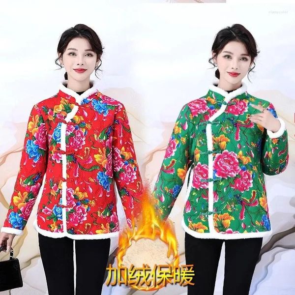 Casacos de trincheira femininos grande flor casaco moda tang terno inverno algodão-acolchoado jaqueta estilo chinês olus veludo quente mãe