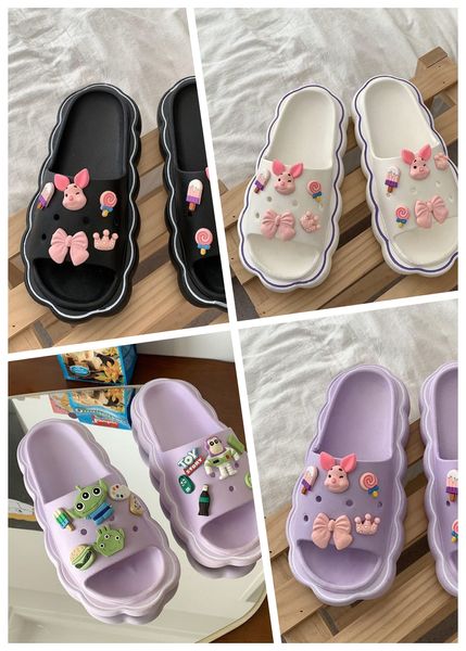 Marca designer verão ao ar livre sola macia dos desenhos animados graffiti chinelos sandálias de praia das mulheres sapatos casuais branco roxo rosa urso flores